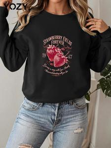 YOZY Women's Strawberry & Letter Print Drop Shoulder Thermal Lined Pullover, Casual Long Sleeve Round Neck Sweatshirt for Fall & Winter, Women's Clothes for Daily Wear
