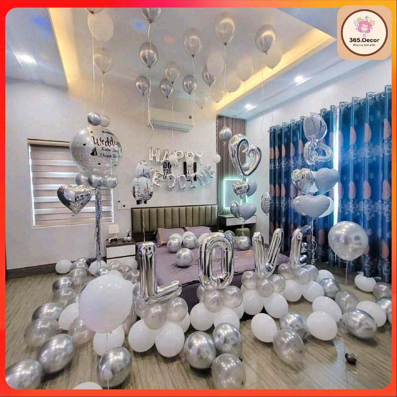 Sét bóng Trang Trí Phòng Cưới Happy wedding, bóng bay trang trí phòng tân hôn mẫu mới nhất màu trắng bạc [Tặng 100 cánh hoa hồng]