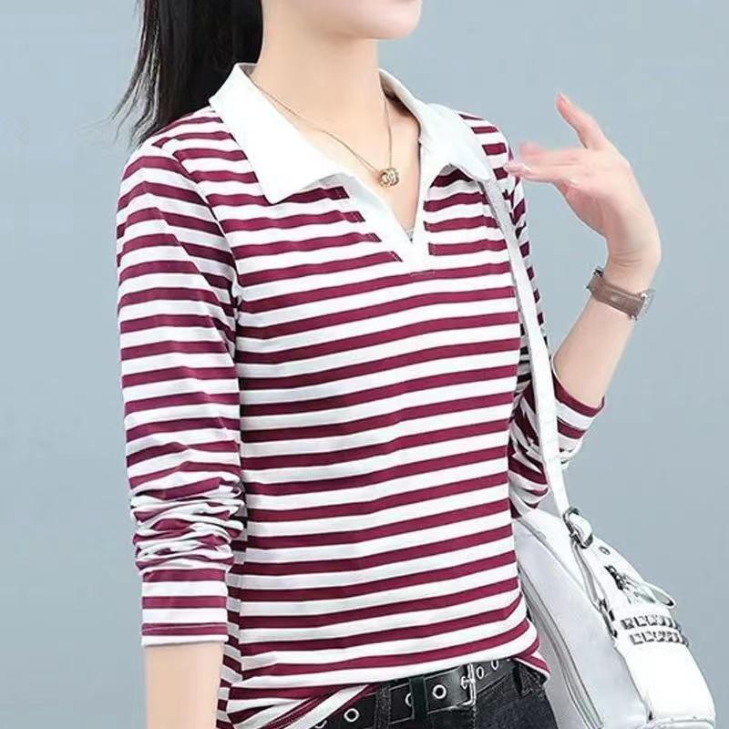 Product Introduction of Youthful Turn-down Collar T-shirt Striped Slim Fit Women Spring Autumn 2024 New Age-reducing Polo Collar Long Sleeve T-shirt 1