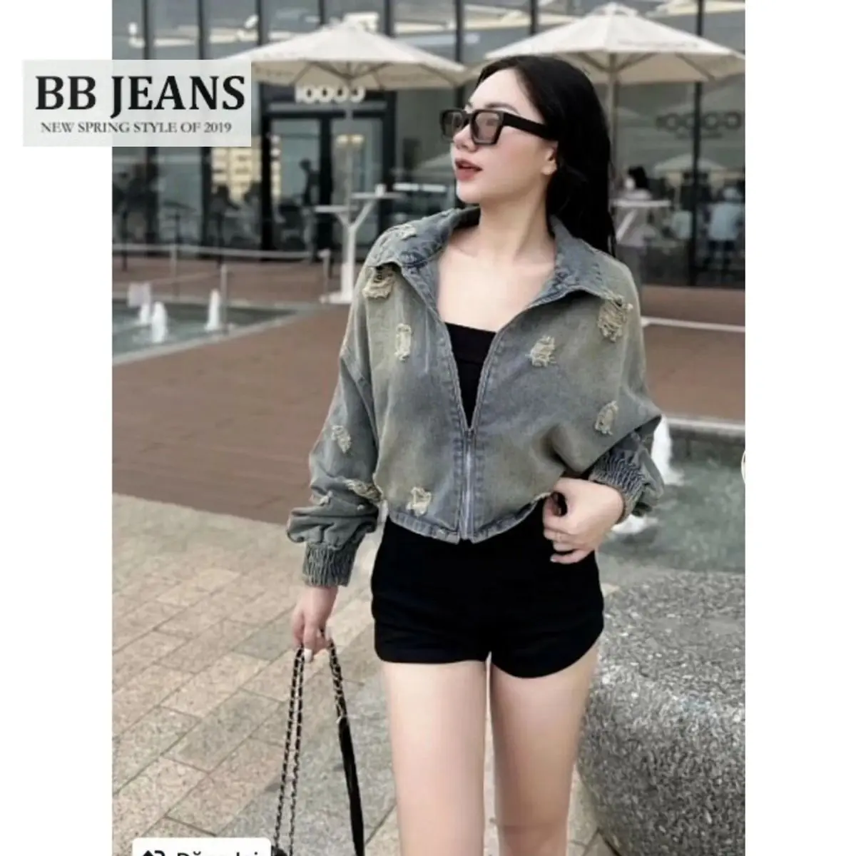 Áo khoác jean nữ xám dây kéo bo tay - áo túi hộp thả lai form vừa 40-60kg dài áo ϯầṃ 52-54cm BB Jeans Top Women croptop