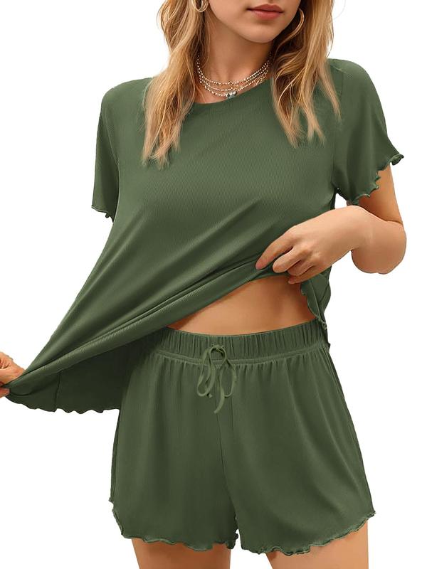 Women's solid color casual pajama set, round neck short-sleeved top, elastic waist pocket shorts, two-piece home clothes. 8