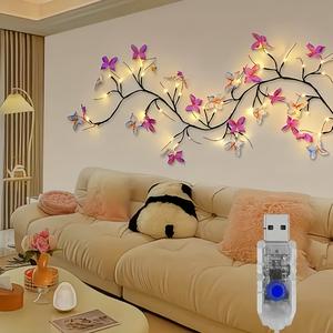 蝶の木デザイン LED スリングライト、USB電源 8種類のモード制御、寝室や結婚式、フォトウォールなどの装飾に最適な壁面ライト