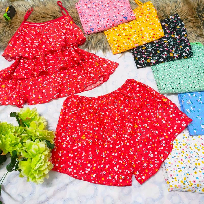 2 size (45-67 kí) Đồ bộ Nữ lụa hàn châu quần đùi áo 2 dây 3 tầng hoa nhí