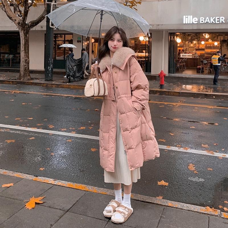 Áo phao lông vũ dáng dài cổ lông mềm mịn