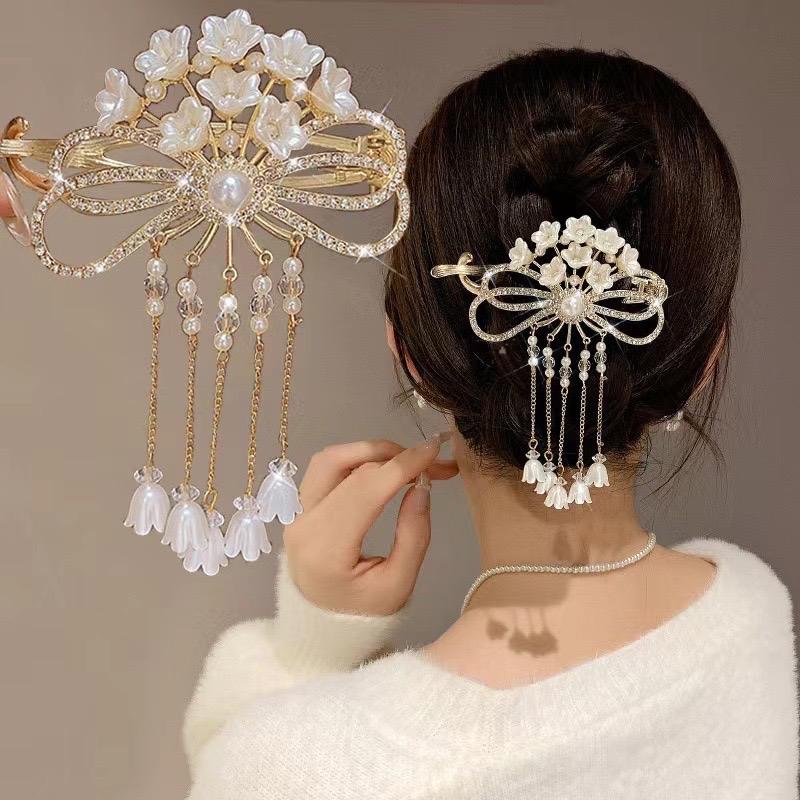 Kẹp búi tóc tua rua chùm hoa phong lan kẹp tóc sau đầu kim loại 5 tua rua hoa lan cho nữ