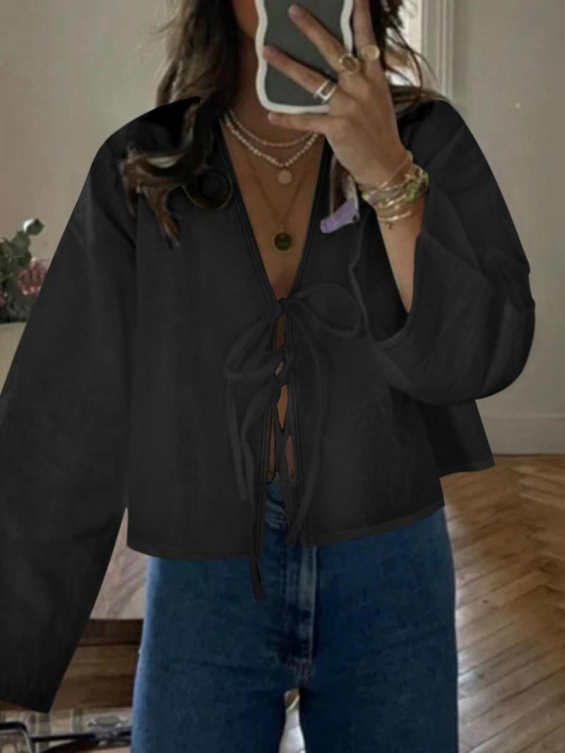 Product Introduction of Women's Plain Tie Front V Neck Blouse, Casual Long Sleeve Top for Spring & Fall, Women's Clothing for Daily Wear, Workwear, January Workwear 9