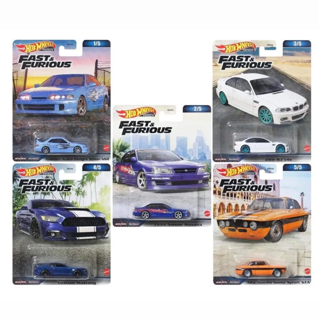 Hot Wheels Premium Fast and Furious Custom Acura Integra Sedan GSR, 1999 Nissan Maxima BMW M4 E46, Custom Mustang, Alfa Romeo Guilia Sprint GTA