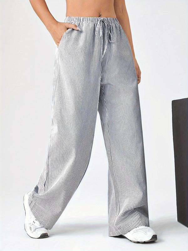 Women's Striped Print Drawstring Waist Straight Leg Pants, Casual Comfy Pocket Design Trousers for Daily Wear, Clothing, Ladies Bottoms for Summer 4