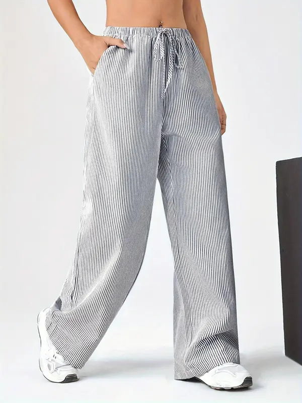 Women's Striped Print Drawstring Waist Straight Leg Pants, Casual Comfy Pocket Design Trousers for Daily Wear, Clothing, Ladies Bottoms for Summer 4