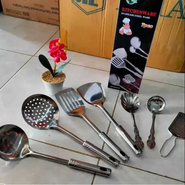 Spatula Set Stainless Steel - 7 Pcs Sutil Set 7 in 1 Spatula / KitchenWare Series Stainless Steel [ Sodet,Sodet lubang,Irus,Saringan,Parutan Keju , Sendok Kerang,Sendok Sup]/ Kitchen Ware/ Alat Menggoreng/ Set Menggoreng