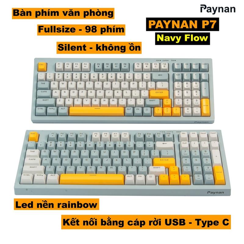 Bàn phím văn phòng P7 Paynan Navy Flow chống ồn kết nối cáp rời 98 phím đèn led trắng keycap navy xám trắng