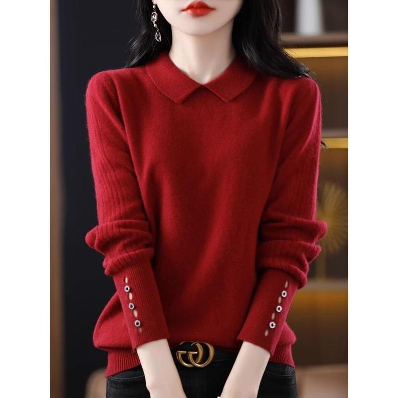 Áo Len Nữ, Thiết Kế Khoét Lỗ Vòng Bít Thời Trang, Bộ Sưu Tập Mùa Xuân 23, Màu Đỏ, Phong Cách Mới, Cổ Áo Búp Bê, Bó Sát, Thanh Lịch, Áo Lớp Nền 6