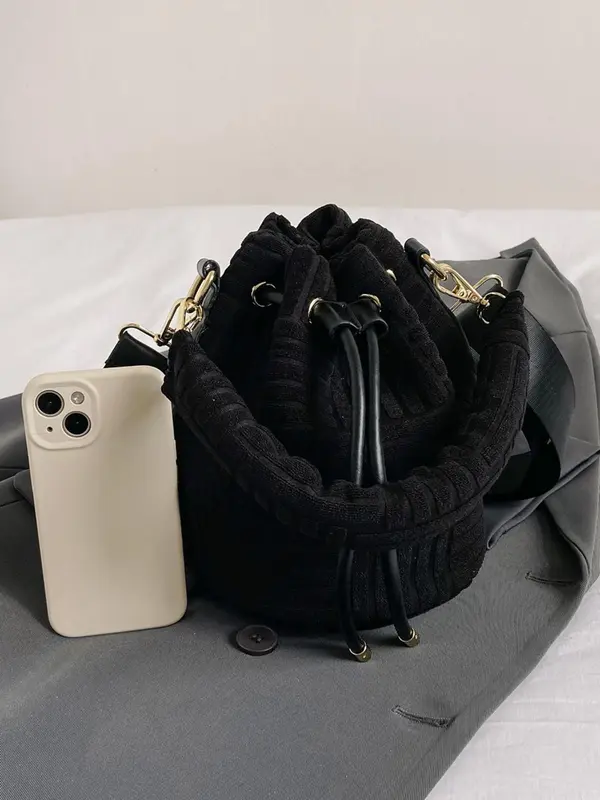 Women's 1 Piece Minimalist Elegant Solid Color Bucket Bag, Fashion All-match Flannelette Bucket Handbag, Fashionable Adjustable Strap Design Crossbody Bag for Daily Used 7