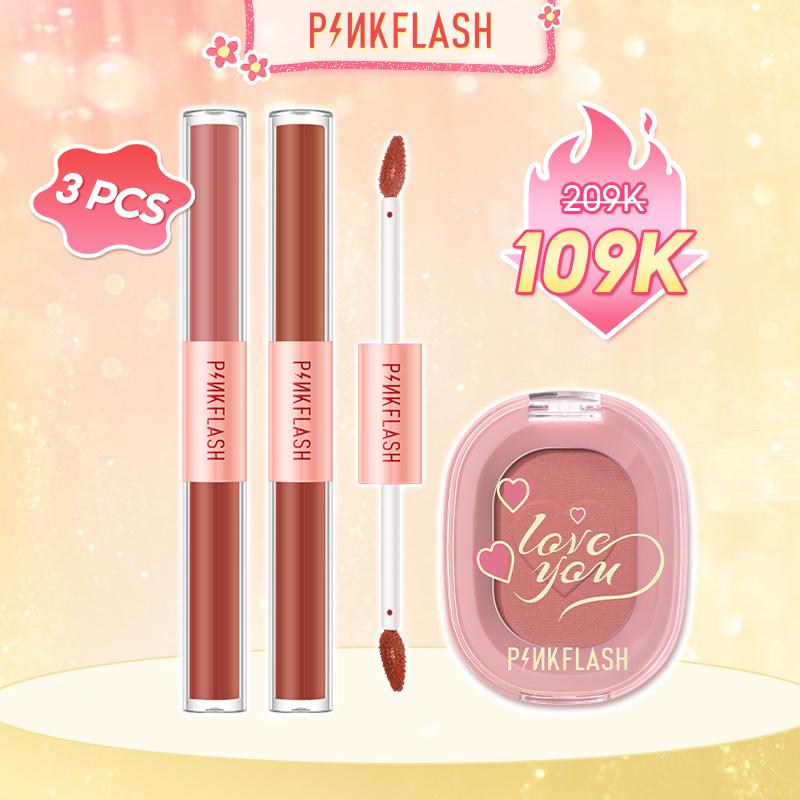 PINKFLASH SON TINT NHUNG LÌ 2 TRONG 1+BỘ TRANG ĐIỂM MÁ HỒNG 3 MÓN