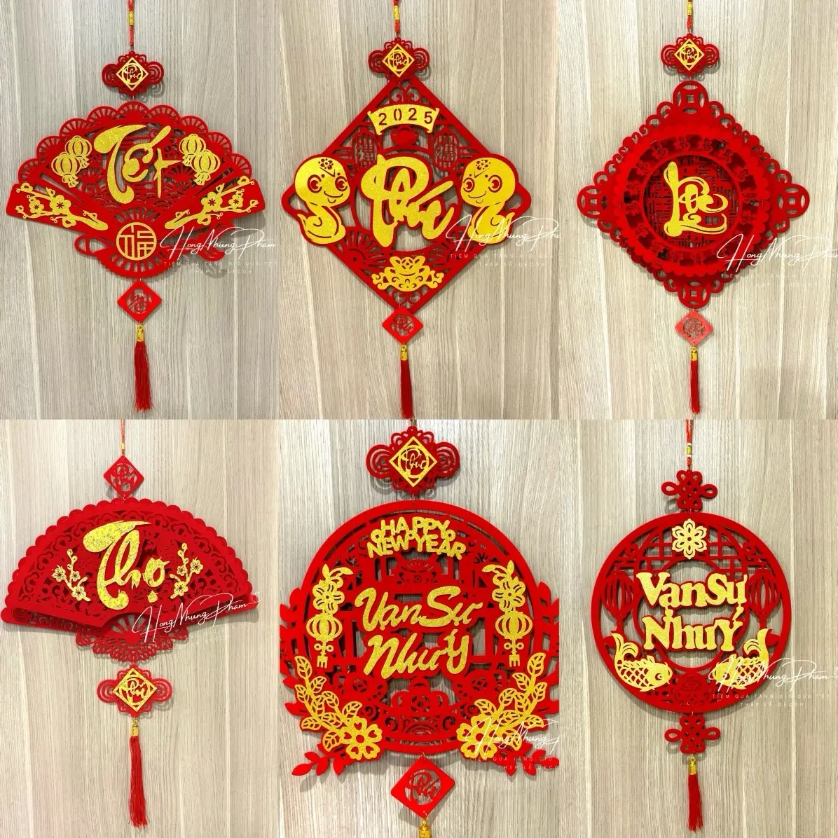 ￼Khánh nhung quạt trang trí Tết. Dải treo vuông decor cửa, văn phòng chữ Phúc-Lộc-Thọ-Tết-Chúc mừng năm mới.