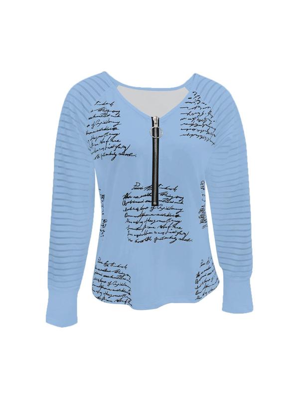 Women's Letter & Striped Print Zipper Raglan Sleeve Tee, Casual Long Sleeve V Neck T-shirt for Summer, Fashion Women's Top for Daily Wear 2