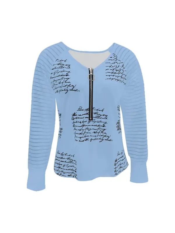 Women's Letter & Striped Print Zipper Raglan Sleeve Tee, Casual Long Sleeve V Neck T-shirt for Summer, Fashion Women's Top for Daily Wear 2