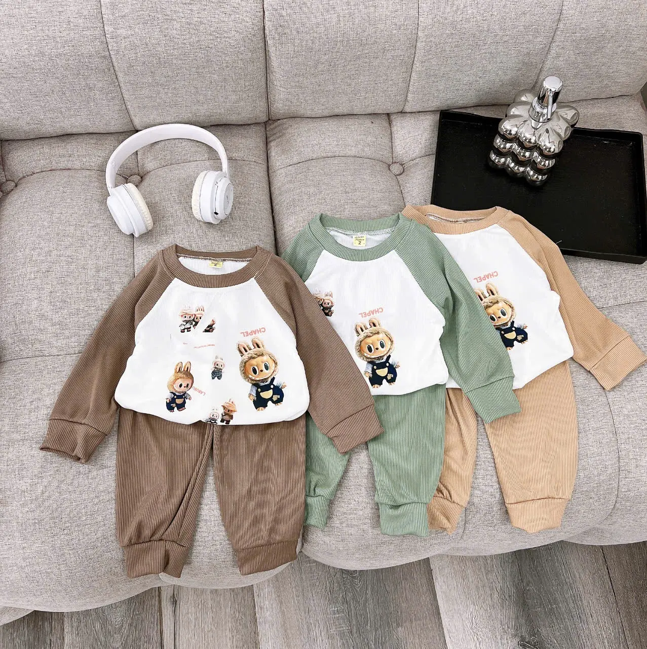 Combo 4 bộ thun tăm labubu cho bé trai 6-19 kg, quần áo thu đông cho bé - Sandal combo  4 bolabubu combo  5