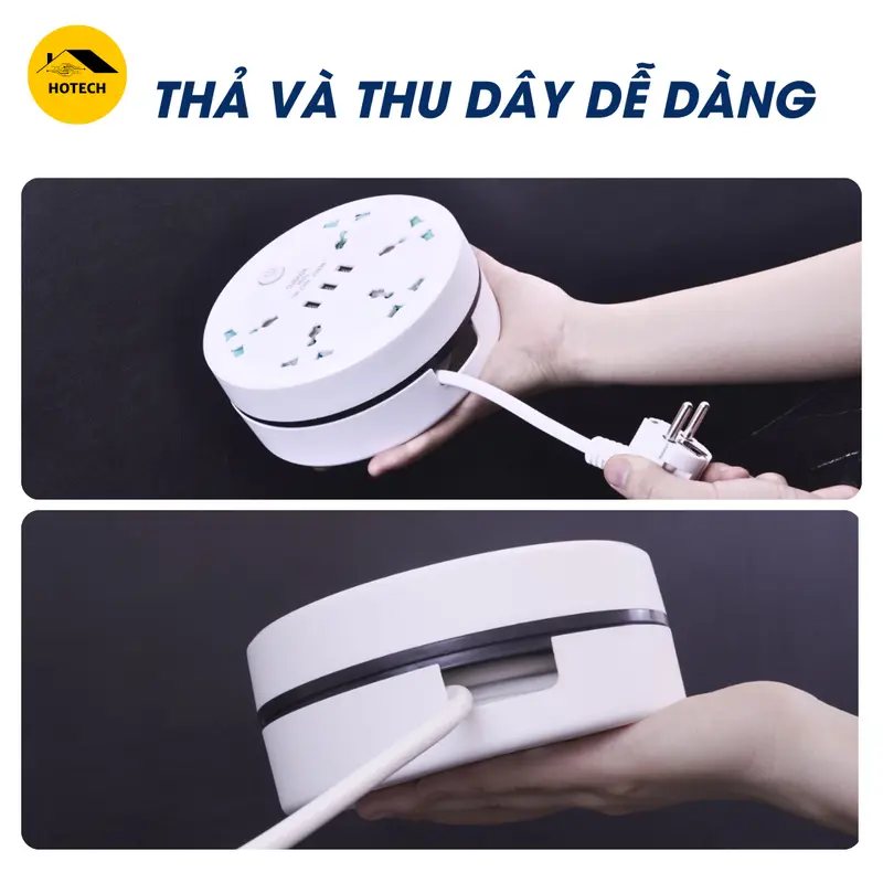 Ổ Điện Đa Năng Dây Rút Chống Giật An Toàn Hotech Chịu Tải 2500W 3 Cổng Usb Tiện Lợi Dây Dài 1,9 - 3,8M Quấn Gọn OD18H 1