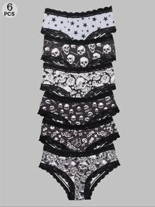 Morvia Braguitas Hipster Sexy y Lindas de Encaje de Contraste Gótico de Halloween, Estampado Completo, Cómodas y Suaves, Ropa Interior y Lencería para Mujer