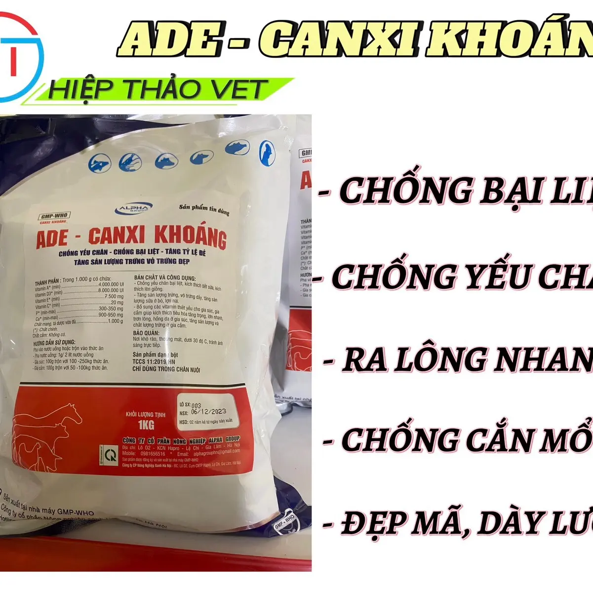 ADE-CANXI KHOÁNG 1Kg, Mọc Lông Nhanh, Tăng Khung, Dày Lườn, Đẹp Mã Gà,Vịt,Lợn,Ngan,Cút...