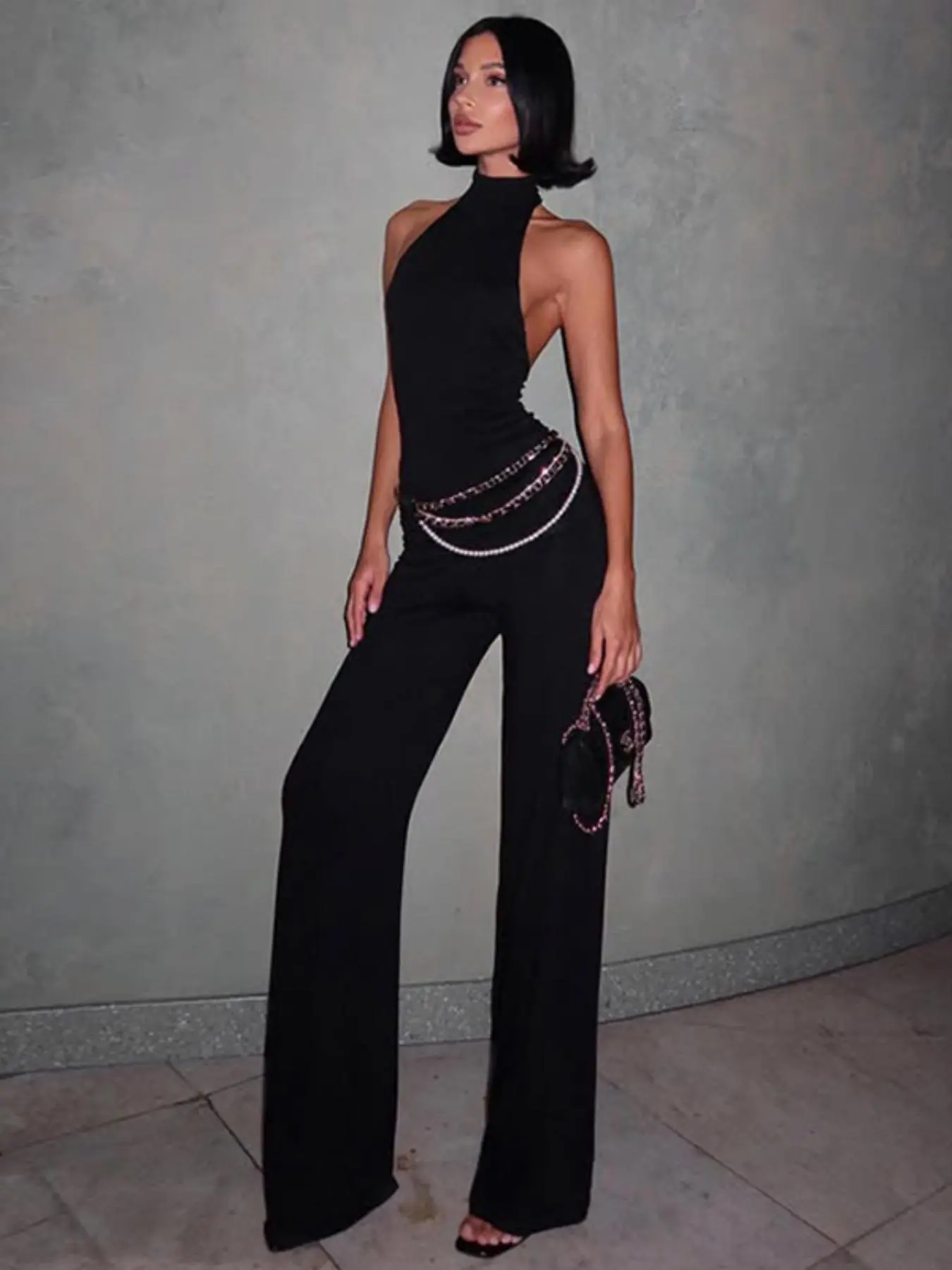 Women's Solid Backless Halter Top & Flare Leg Pants Two-piece Set, Fashion Casual Sleeveless Top & Bell Bottom Trousers for Daily Outdoor Wear, Ladies Clothes for Summer
