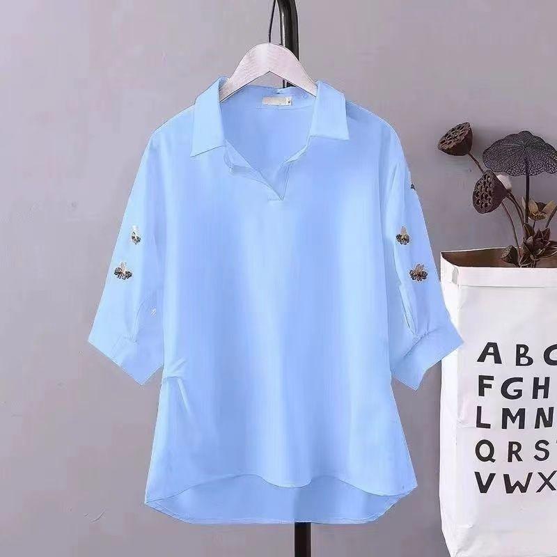 Áo Sơ Mi Voan ngắn Tay Áo, Phong Cách Phương Tây Của Phụ Nữ, Cổ Chữ V, Hàng Mới Về Mùa Hè 2024, Giấu Bụng, Dáng Rộng Vừa Vặn, Thêu, Áo Thời Trang 1