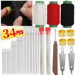 1/2 Set Jarum Jahit Mata Besar Set Jarum Jahit Baja Dengan Benang Bordir Silang Jarum Pakaian Alat Manual DIY