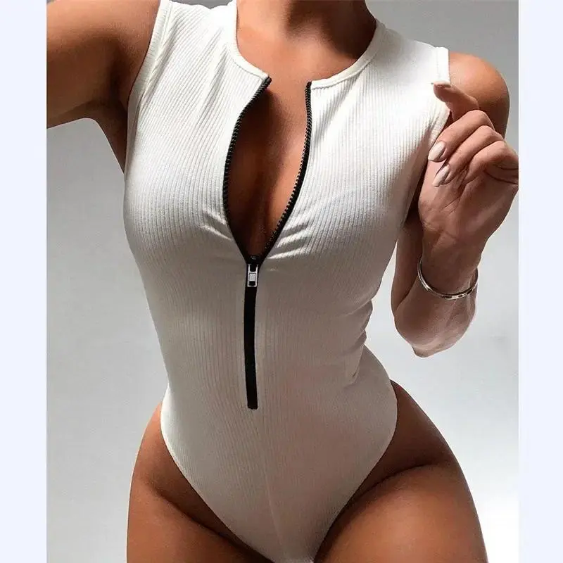 Bodysuit Có Khóa Kéo, Thiết Kế Một Mảnh, Thời Trang Nữ, Phong Cách Bodycon, Áo Cơ Bản, Không Tay, Mỏng Vừa Vặn, Thích Hợp Cho Mùa Hè, Áo Jumpsuit Quần Top Màu Đen