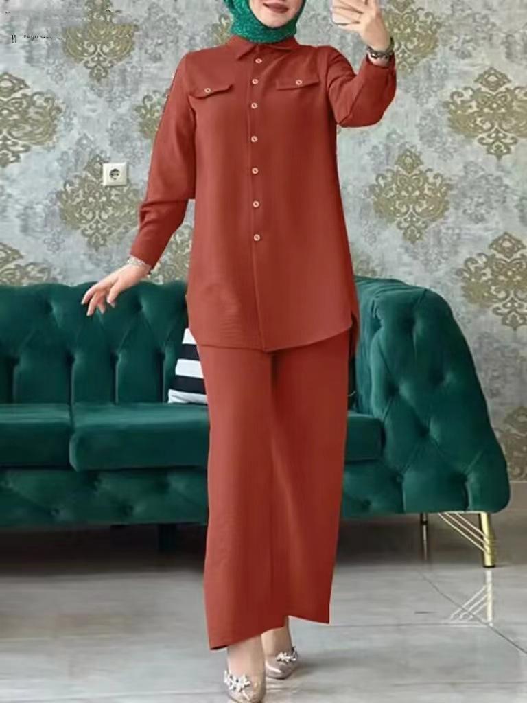 Product Introduction of 2025 New Fashion Versatile Elegant Trendy New Middle Eastern Muslim Solid Color Long Sleeve Button Pocket Shirt and Pants Two-Piece Set 5