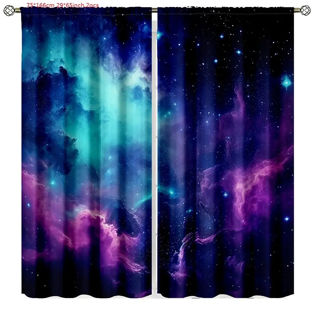 Starry Sky Print Curtain, 2pcs/set Fantasy Outer Space Window Drapes for Home Living Room Decor