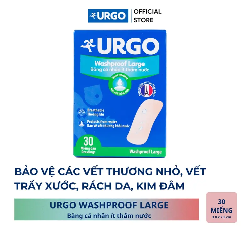 Băng Cá Nhân Ít Thấm Nước Bản Lớn Urgo Washproof Large 3.8cm x 7.2cm (Hộp 30 miếng) 3