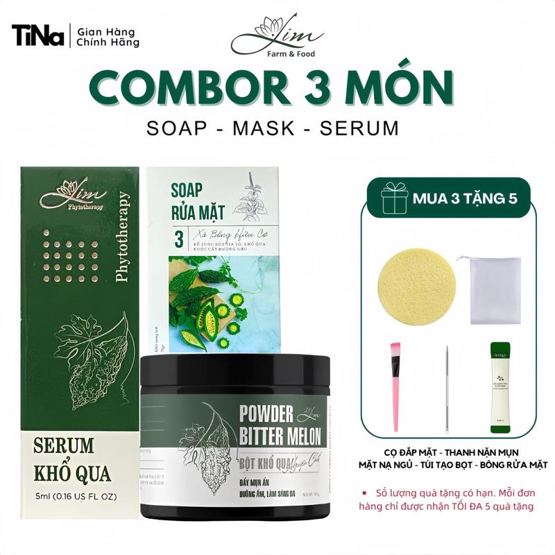 Combor 3 Sản Phẩm: Soap Rửa Mặt Serum Khổ Qua Mask Khổ Qua Lim: Hỗ Trợ Giảm Mụn Giúp Sáng Da Tặng Kèm : Thanh Nặn Mụn Túi Tạo Bọt Thanh Nặn Mụn Mặt Nạ Ngủ Bông mút Rửa Mặt