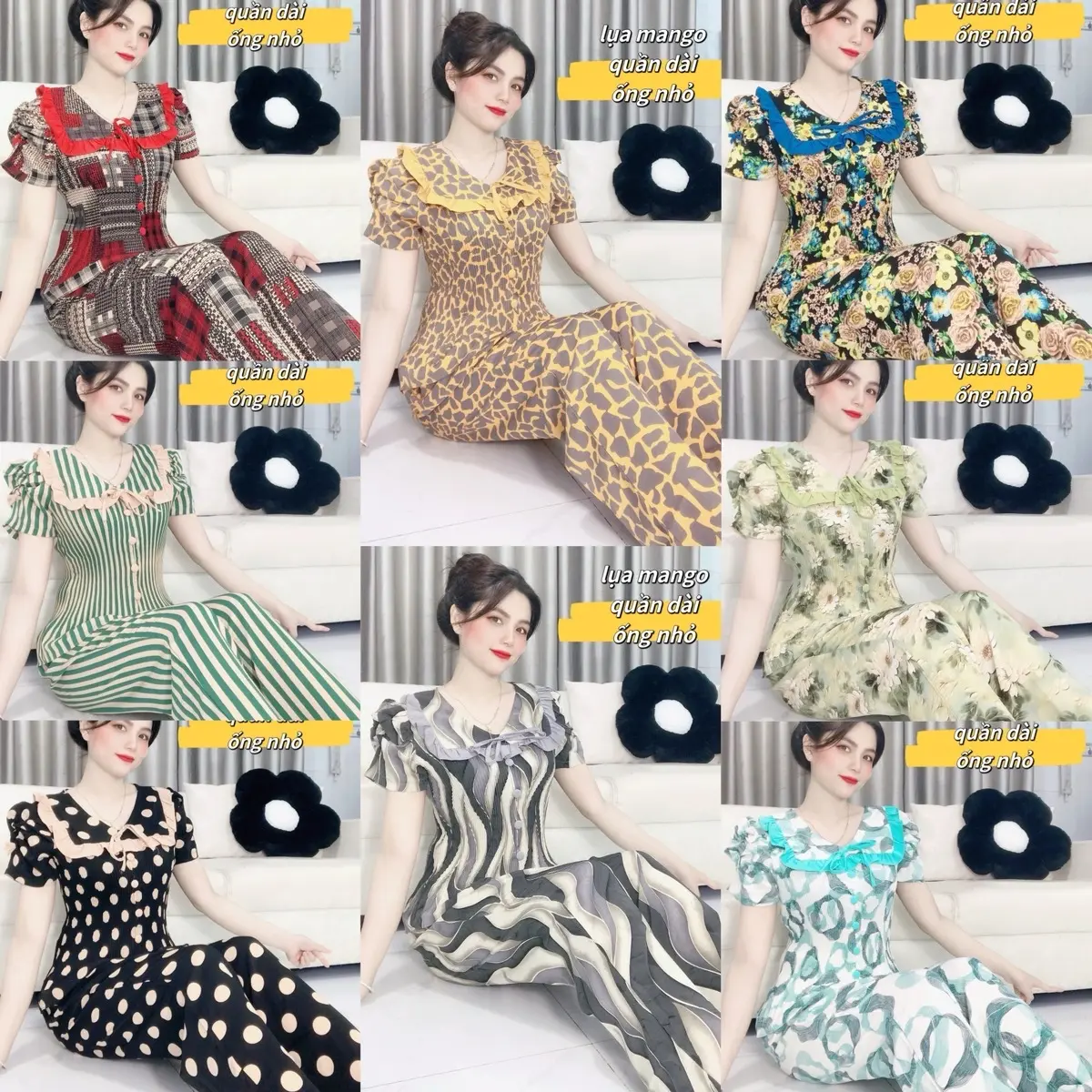 Set Bộ [ quần dài ] Cổ Bèo Vuông Tay Nhún Sang Trọng Lụa Mango Dập Li Mềm Mịn Mát (Women Top) - Áo Nhún - Nhung Beo