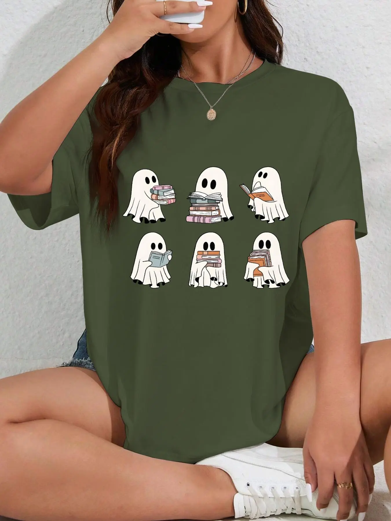 【Plus Size】 Halloween Cartoon Ghost Print Drop Shoulder Tee, Casual Short Sleeve Round Neck T-shirt for Summer, Women's Clothing for Daily Wear
