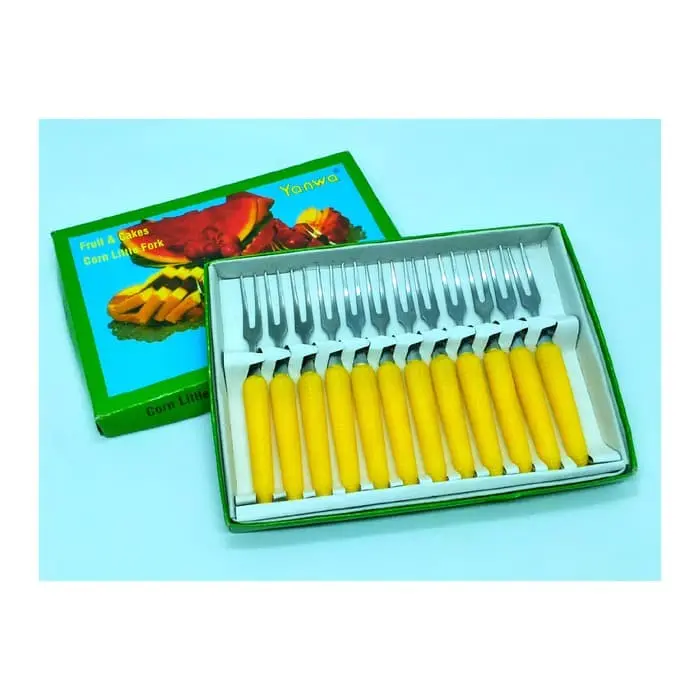 Garpu Buah / Garpu Kue / Garpu Motif Jagung 12 Pcs Makan Plastik Stainless Steel