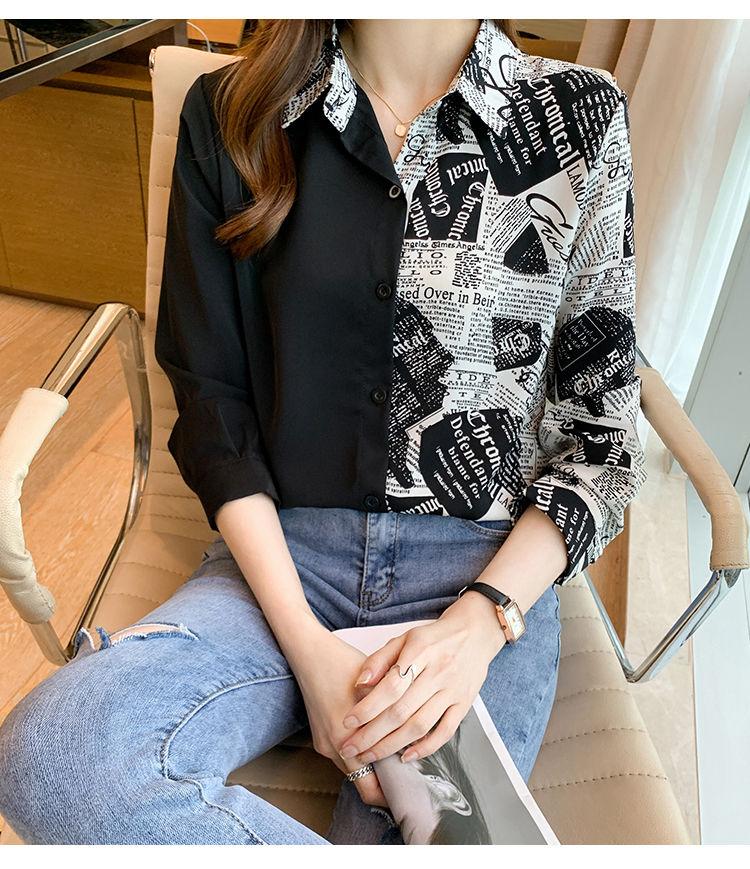 Product Introduction of Cross-Border Stitching Long-Sleeved Shirt Women's 2024 Spring and Autumn New Letter Printed Long-Sleeved Shirt 2