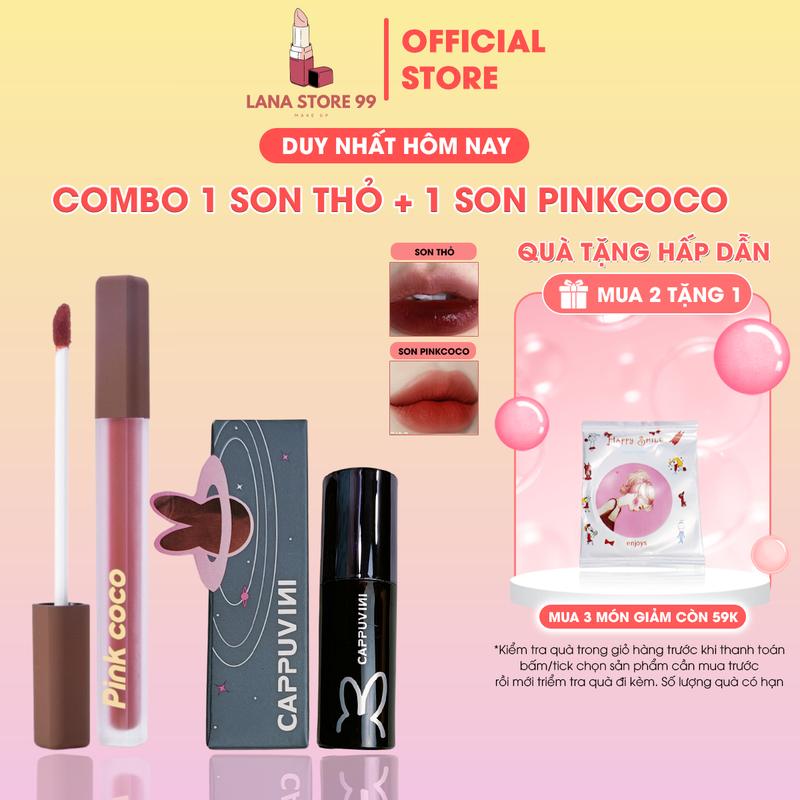 Combo 1 son thỏ Cappuvini+1 son Pinkcoco tặng 1 gương Mỹ Phẩm Trang Điểm Nữ Cosmetic Son Môi Women