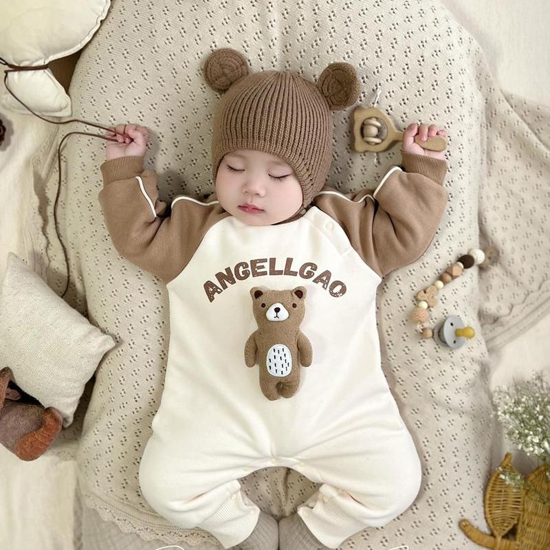  Áo liền quần kèm mũ Body dài tay thun cotton cho bé trai bé gái từ 0-10 tháng Jumpsuit Bodysuit liền thân hình gấu ANGELLGAO SLT129 