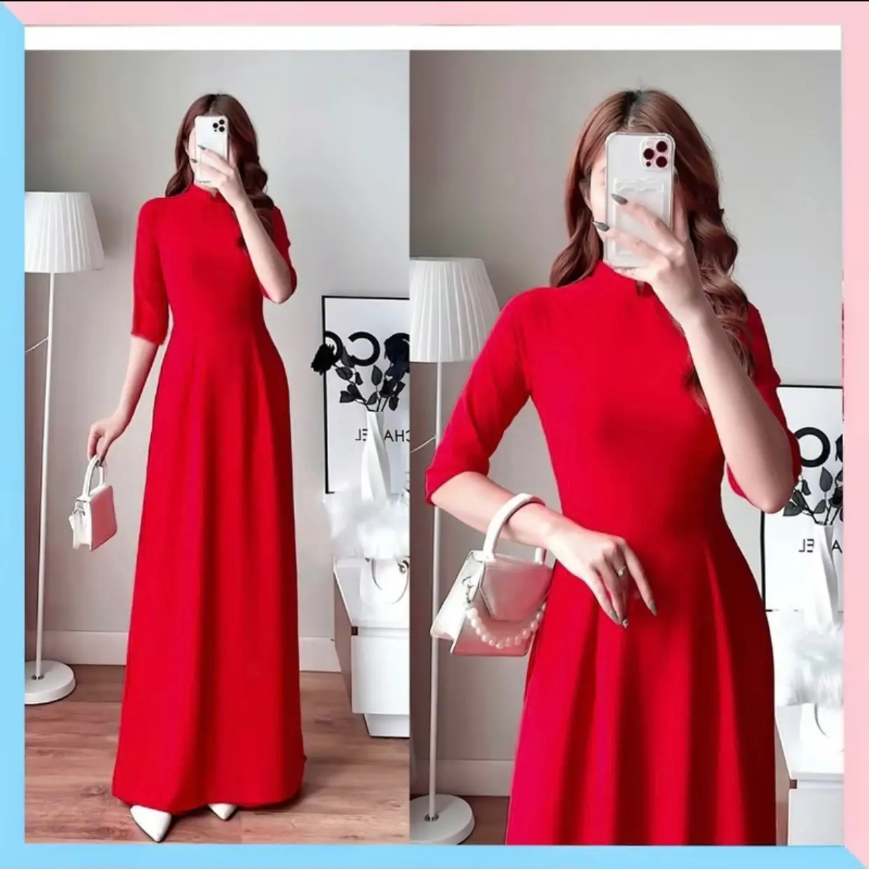 Áo dài TRƠN màu ĐỎ TƯƠI vải lụa mỹ cao cấp, dày dặn, mềm mịn (không phải voan mỏng)