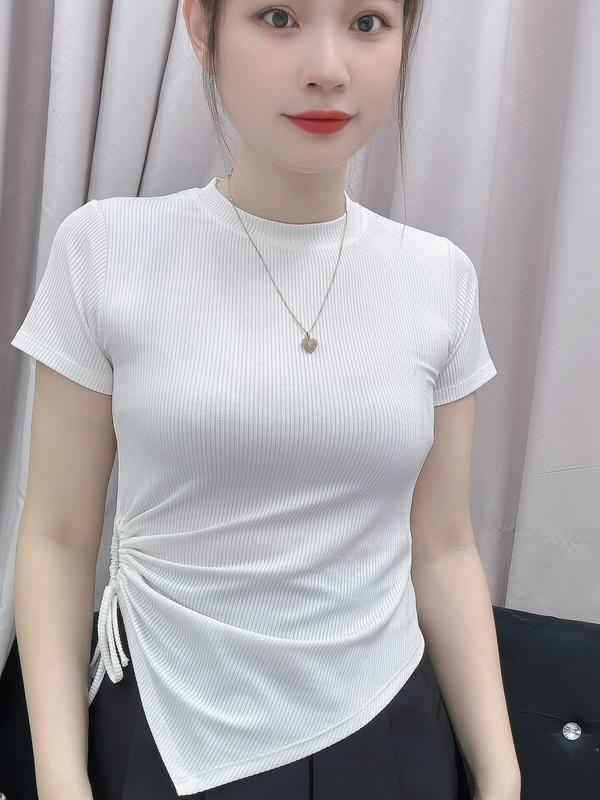 Áo thun gân nữ vải mềm, phom ôm, Cổ Tròn tay cộc chất liệu thun co dãn bốn chiều mềm mịn, ều a93 WomTop Cổ Tròn Women Trắng