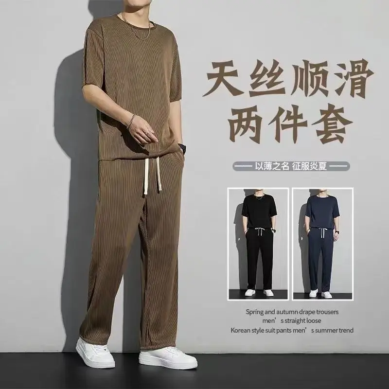 Bộ Đồ Thể Thao Lụa Lạnh Dành Cho Nam Giới, Mỏng Và Thường Ngày, Quần, Áo ngắn Tay Áo, Phong Cách Ins, Nhanh Khô, Bộ Quần Áo Xếp Nếp, Thích Hợp Cho Mùa Hè, Năm 2023, Bán Chạy Tại Cửa Hàng 3