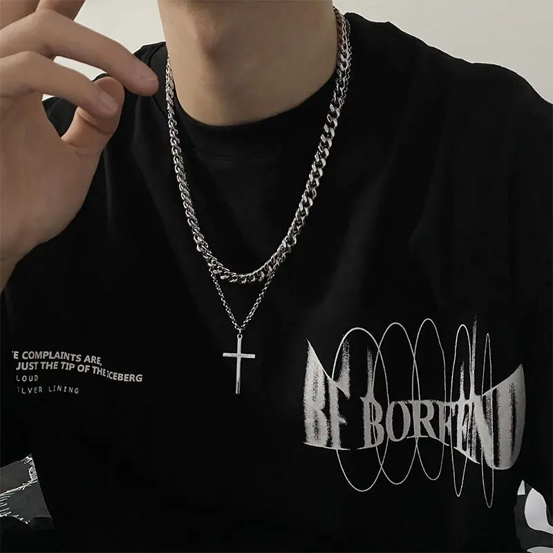 Vòng Cổ Chữ Thập Xếp Chồng Hai Lớp, Phong Cách Hip-Hop Châu Âu Và Mỹ Dành Cho Nam Giới, Thiết Kế Độc Đáo Hợp Xu hướng Dây Chuyền Cuba, Làm Bằng Thép Titan Phụ Kiện Không Phai Màu, Được Thu Thập Bởi 6465 Người