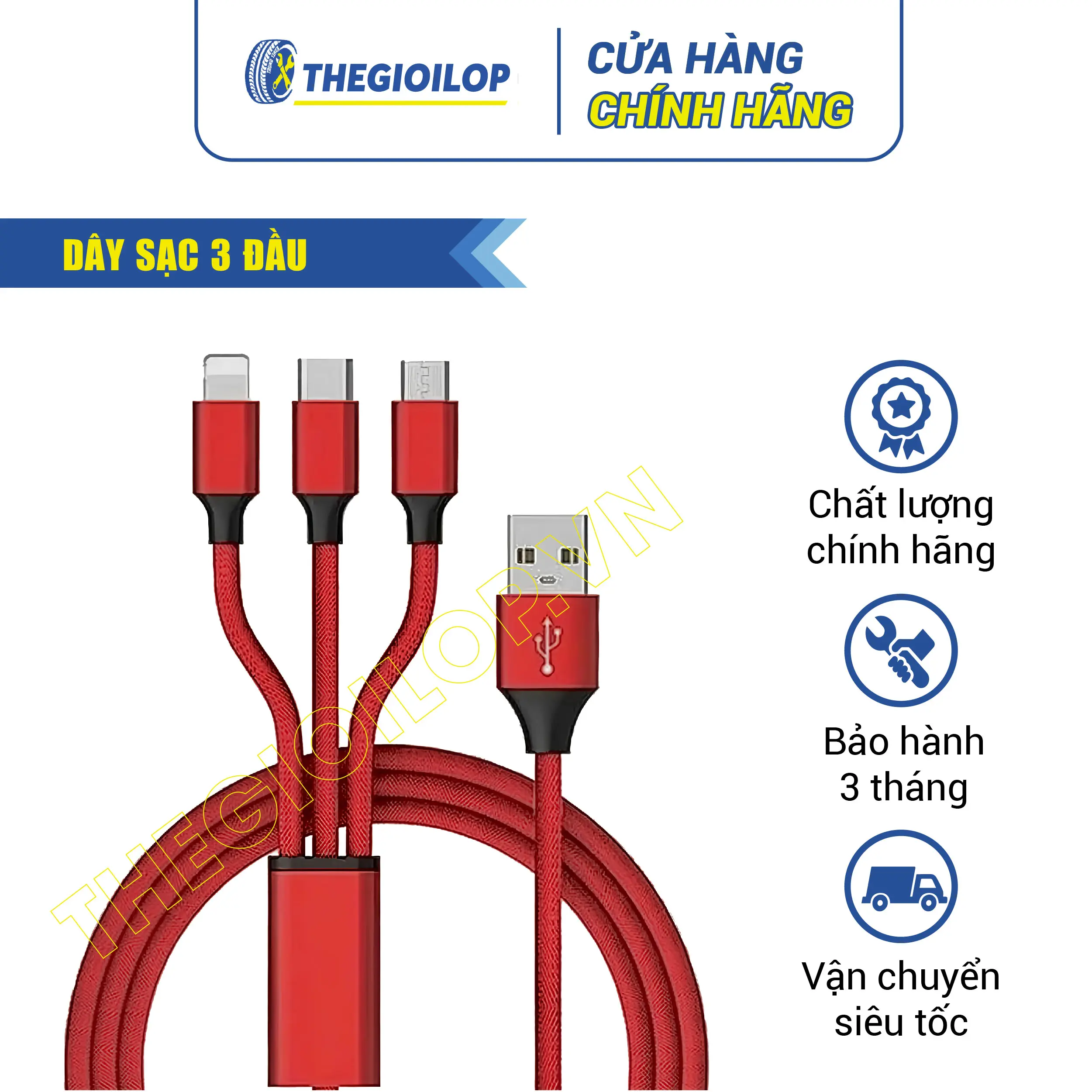 Cáp Sạc 3 Đầu Nhanh 5A - Đa Kết Nối Micro USB, Lightning, Type-C - Đảm Bảo Hiệu Suất Sạc Tối Ưu