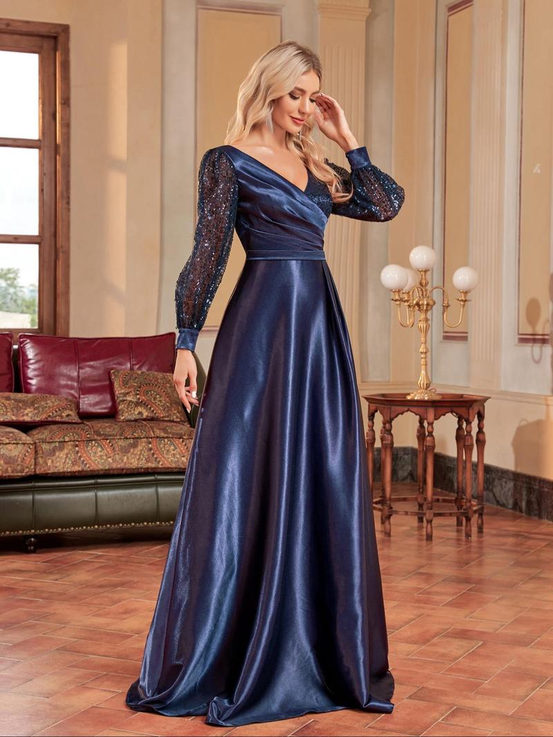 Product Introduction of Women's Glitter Sequin Contrast Mesh Wrap V Neck A Line Evening Dress, Elegant Bishop Sleeve Maxi Evening Party Gown, Ladies Spring & Fall Clothes 9