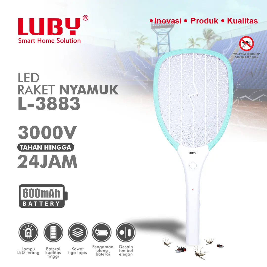 LUBY Raket Nyamuk Baterai Lithium 600mAh dengan Lampu LED Terang & Switch Perlindungan Aman L-3883