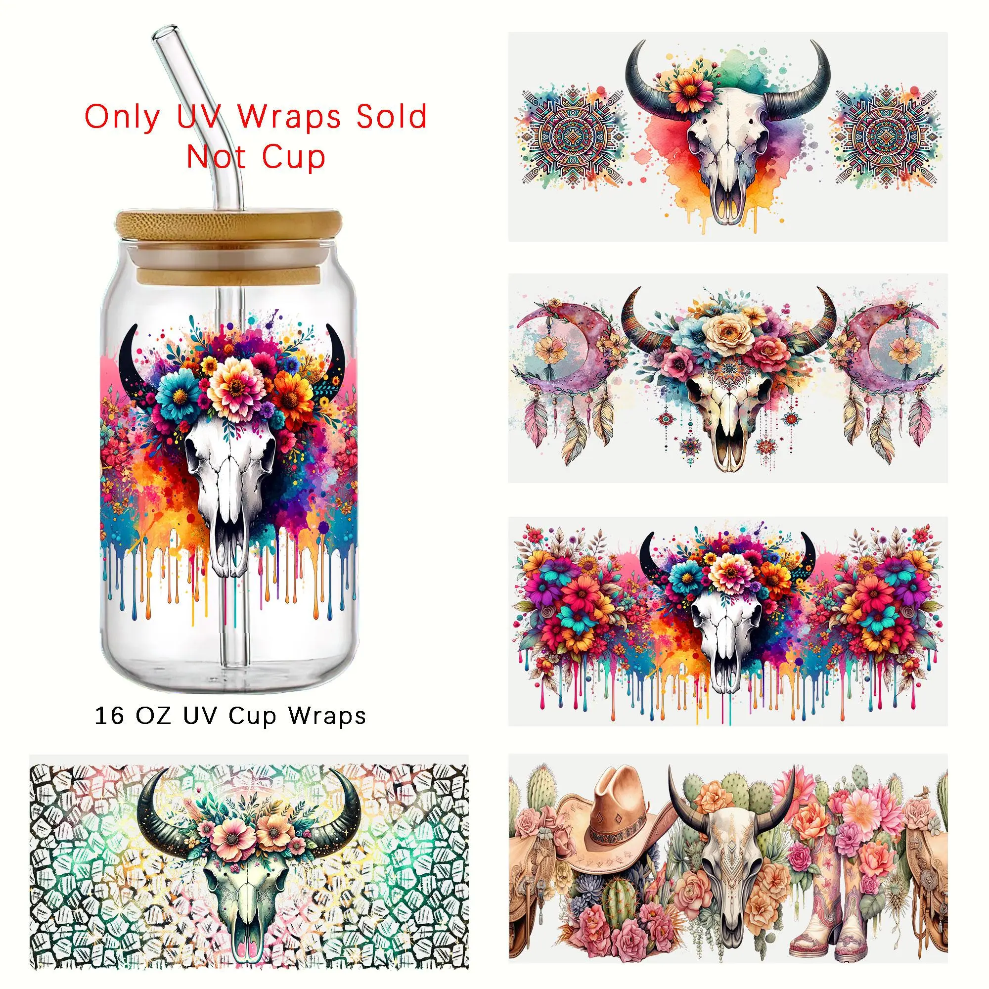 Boho Bull & Flower Pattern UV DTF Cup Wraps Decals, 5 Counts/set Waterproof Self-adhesive Stickers for Mug Water Bottle Cup, Dtf Transfer Sticker for 16 OZ Glass Can Wrap, Fashion Women Decals DIY Crafts