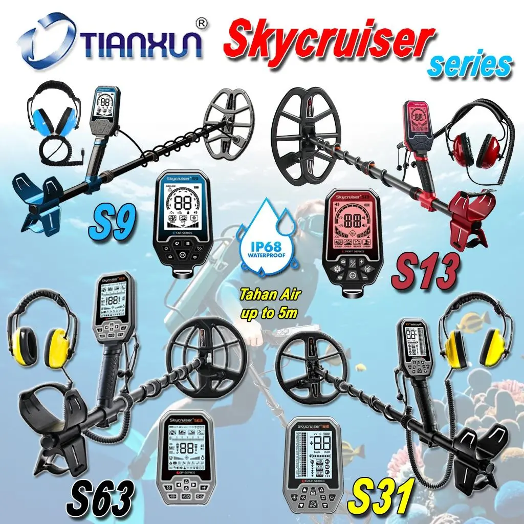 TIANXUN Skycruiser Series S9 S13 S31 S63 Detektor Logam Profesional Rechargeable Baterai Cas Isi Ulang Tahan Air IP 68 up to 5 m, Pendeteksi Emas Profesional Multi frekuensi, Pendeteksi Logam Emas