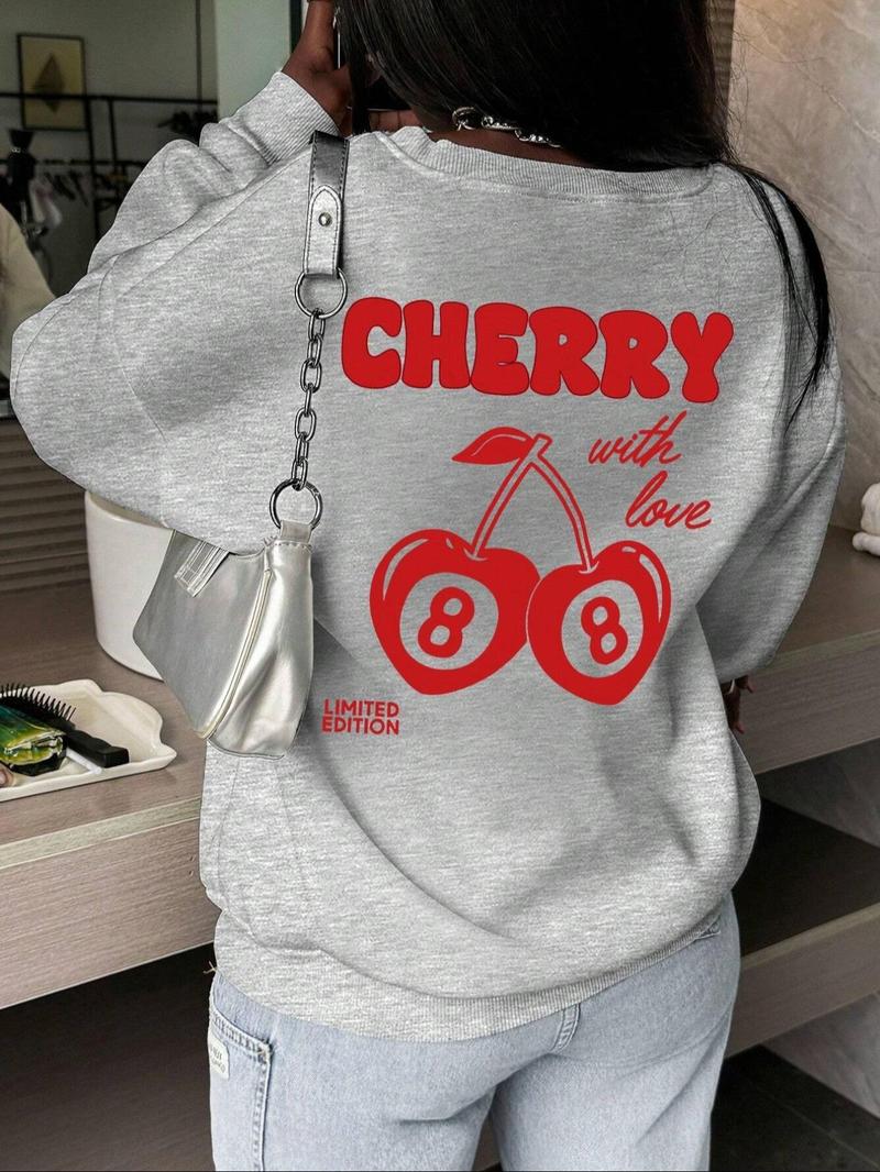 Product Introduction of Women's Cherry ＆ Letter Print Crew Neck Pullover, Casual Long Sleeve Sweatshirt for Daily Wear, Ladies Clothes for Winter 3
