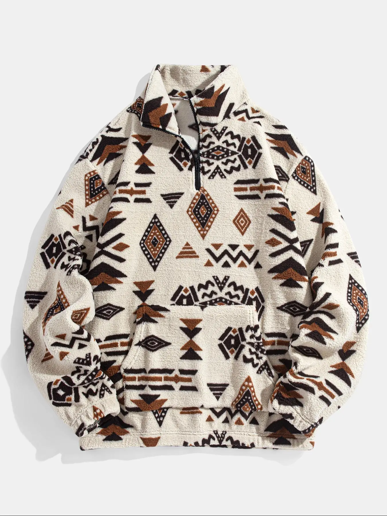 Men's Ethnic Pattern Zip Up Plush Sweatshirt, Casual Long Sleeve Pocket Collared Pullover for Winter, Fashion Men's Clothes for Daily Wear, Ethnc Clothing, Vintage Clothing, Y2k Clothing